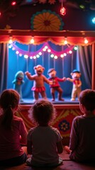 Fototapeta premium Children watching a vibrant puppet show under colorful lights
