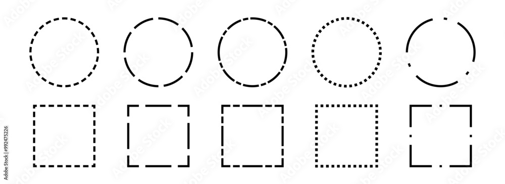 Poster Black dashed frame collection. Dashed outline circle and square border set. Geometric dotted rectangular and round shape pack. Outline cut out element design bundle for poster, banner, flyer. Vector