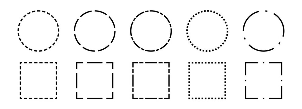 Black dashed frame collection. Dashed outline circle and square border set. Geometric dotted rectangular and round shape pack. Outline cut out element design bundle for poster, banner, flyer. Vector