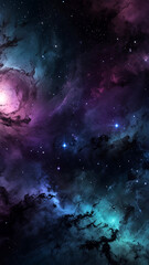 Abstract wallpaper inspired by the cosmos. Incorporate swirling nebulae, stars, and galactic clouds in deep blues, purples, and blacks