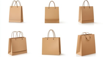 A set of brown paper shopping bags with simple, modern designs, isolated on white