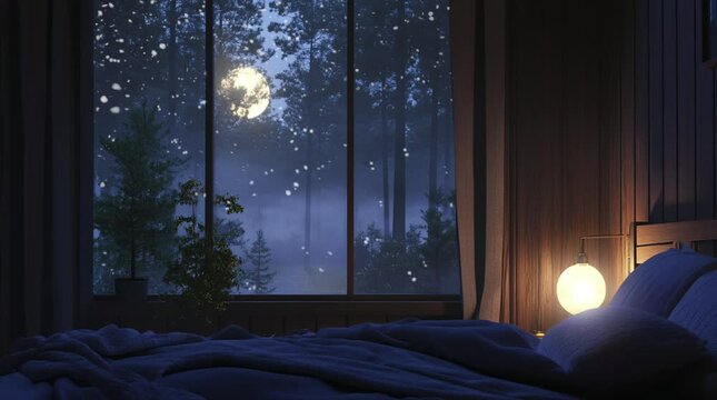 Bedroom window framing a breathtaking view of a full moon at night, creating a calm and magical atmosphere for restful sleep
 Seamless looping 4k time-lapse virtual video animation Generated AI
