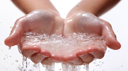 Fototapeta premium Close-up of two cupped hands gently holding flowing water, symbolizing purity, refreshment, and the vital importance of hydration.