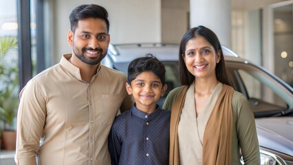 An Indian customer surrounded by family, celebrating their car purchase outside the dealership.
