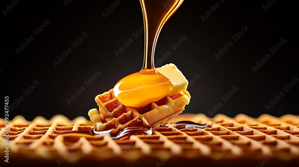 Poster golden syrup drizzle: a close-up shot of a golden syrup drizzle cascading over a crispy waffle, crea