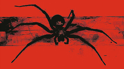 Bold black illustration of a spider on a textured red background, creating a striking and ominous contrast with a dark and mysterious vibe.