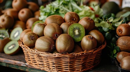 Bunch of kiwis in a shoppers basket at a local organic market surrounded by other fresh produce capturing the appeal of healthy farmtotable living Scientific name Actinidia deliciosa