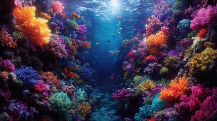 Obraz premium Vibrant underwater scene with colorful coral reefs and fish.
