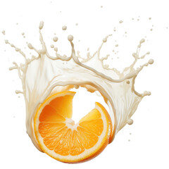 milk splash with orange slice isolated on transparent white background, clipping path