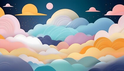 The sky background is filled with pastel fluffy clouds in a paper layer format.