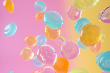 Round colorful Jelly falling in the air   on pink background ,  created by ai