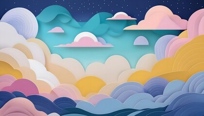 The sky background is filled with pastel fluffy clouds in a paper layer format.