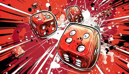 Three red dice with white dots are rolling against a red and white background.  The image has a comic book style.