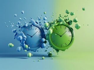 Two clocks, blue and green, explode into colorful spheres.  The concept of time passing and choices.