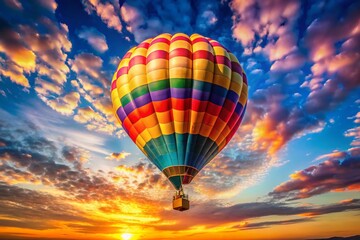 Obraz premium Colorful vintage hot air balloon soaring through a clear blue sky during a serene sunset adventure