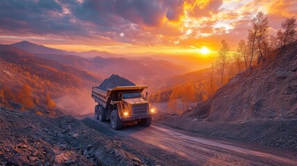 A large dump truck drives up a dirt road in a quarry at sunset with mountains in the background.