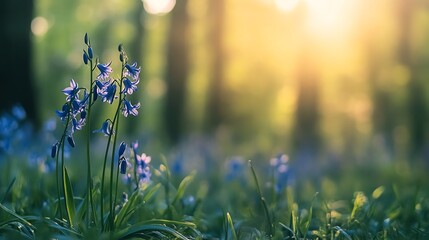 A serene scene featuring delicate blue flowers bathed in soft sunlight, perfect for nature and tranquility themes.