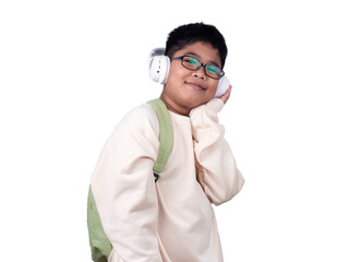 Portrait of boy in casual clothes carry a green bag and white headphones isolated on a white background, The concept of education and way of life. Cute boy posing in casual clothes with clipping part.