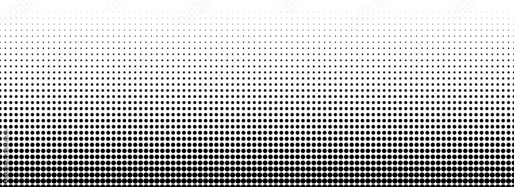 Poster Dotted halftone gradient texture. Fading polka dot background. Repeated dots gradation pattern background. Black vanishing comic pop art overlay backdrop. Halftone raster effect wallpaper. Vector