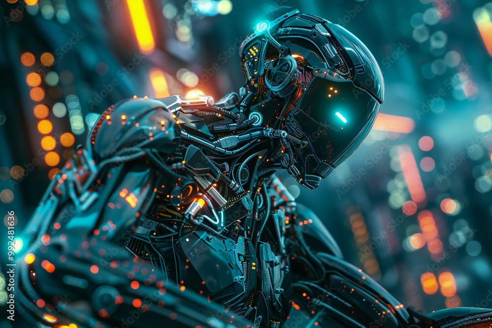 Aufkleber intricate 3d render of a cybernetic character with mechanical limbs, glowing circuits, and a futuris