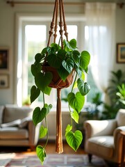 A vibrant green pathos plant hanging in a cozy living room with natural light streaming through the windows in the afternoon. Generative AI