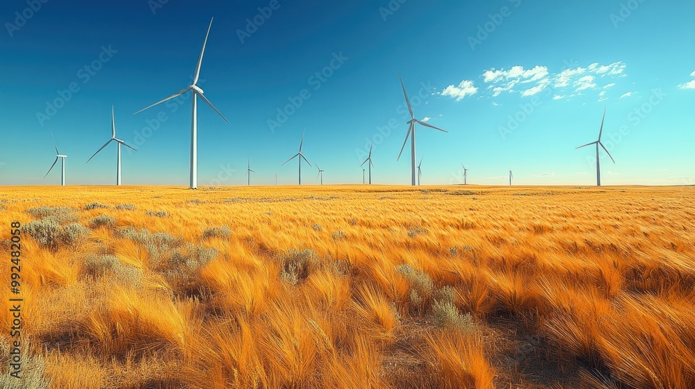 Sticker A field of golden wheat with wind turbines standing tall in the distance under a bright blue sky.