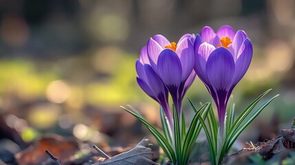 Beautiful purple crocus flowers blooming in a serene nature setting, surrounded by soft bokeh and...