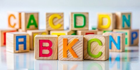 Colorful wooden blocks with letters arranged playfully on a white background for educational purposes