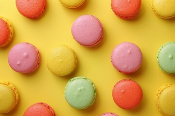 Obraz premium Close up of the Macaroon Macaron, top view on yellow background, created by ai