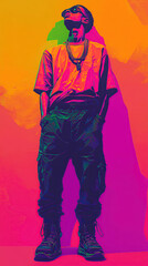 Illustration of a character in pink outfit against abstract street art