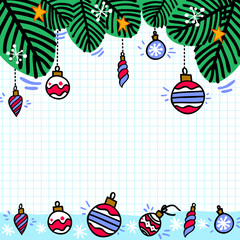 Doodle Christmas notepad list with colorful fir granches with ornaments, stars and snowflakes. Festive background.