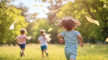 Fototapeta premium Children Running and Flying Kites in a Sunny Park, Enjoying Summer Fun with Friends in Nature: Celebrating Childhood, Friendship, and Outdoor Family Activities