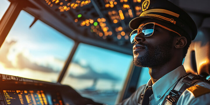 A pilot in a cockpit looking out the window at the sunset.