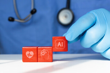 Concept of Artificial Intelligence development in medicine. Doctor arranges wooden cubes with AI...