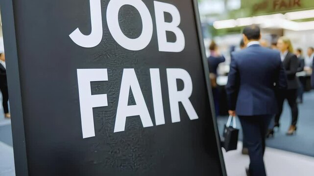 Close up of a job fair sign with blurred background of people in suits.