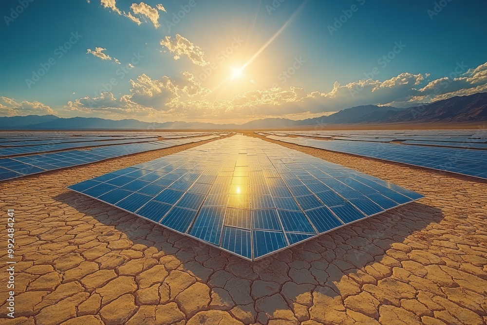 Canvas Prints Solar panels in a desert landscape at sunset.