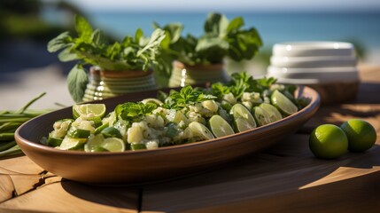 Chilled white mulberry basil salad served chic geometric bowl trendy beachside food festival live music vibrant decoration softly lighting scene promoting refreshing healthy meal Scientific name Morus