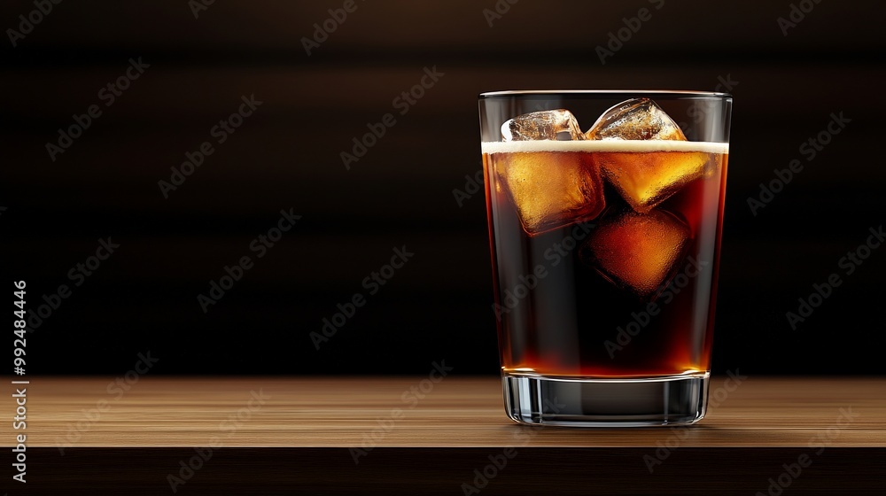 Poster refreshing iced cola: a close-up shot of a chilled glass of cola with ice cubes, set against a dark 