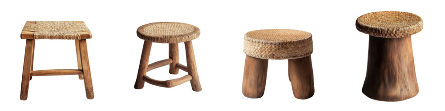 Handmade rustic wooden stools in various shapes and styles including round square and cylindrical designs perfect for adding a natural cozy touch to home and office decor