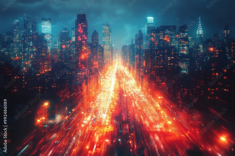 Canvas Prints A long exposure shot of a city street at night with blurred lights and skyscrapers in the background.