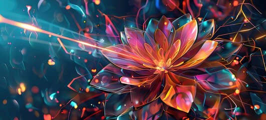 Abstract digital art of a colorful fractal flower with vibrant light effects. AI