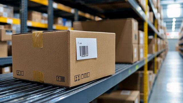 Close-up of a cardboard box with a barcode label on a shelf in a warehouse.