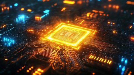 close-up, A computer motherboard microchip neon light