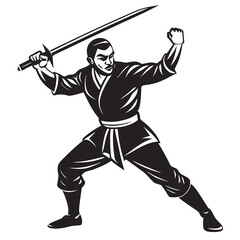 Kung fu man with sword silhouette vector illustration on a white background