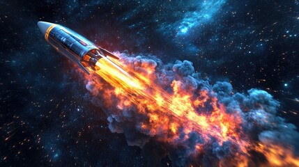 Fototapeta premium Rocket Launch in Outer Space with Fiery Trail Against Starry Sky Background