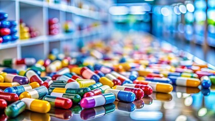 Obraz premium Color Variations of Common Pharmaceuticals Seen in a Pharmacy Setting with Blurred Backgrounds