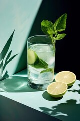 Glass filled with mojito, lime, mint, and water a refreshing and healthy drink option for menus. Generative AI