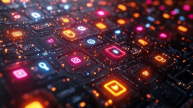 Neon Social Media Icons on Futuristic Circuit Board