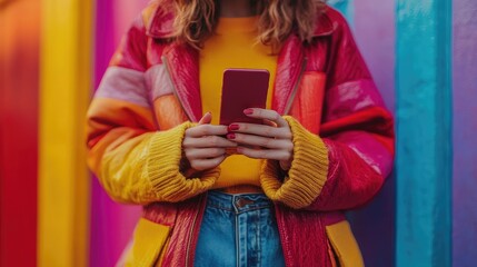 Fashionable Woman in Colorful Jacket Using Smartphone Against Vibrant Background