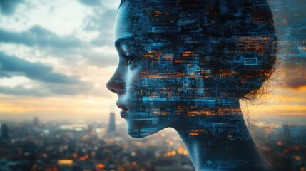 Double Exposure of Woman's Profile with Futuristic Digital Overlay and Cityscape Background at Dusk